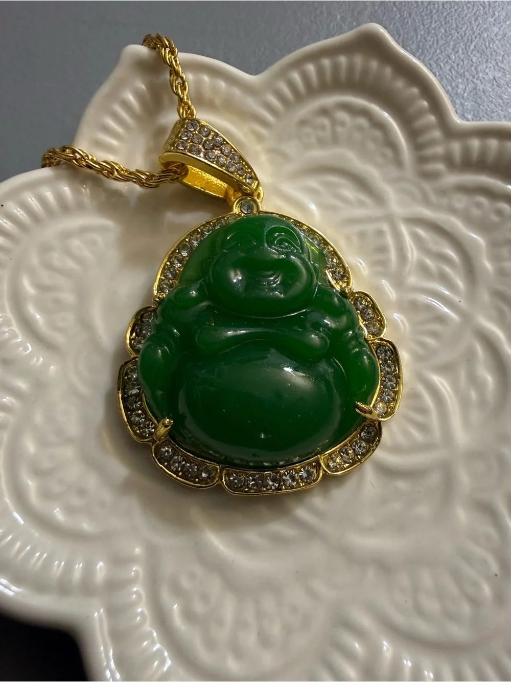 Women Maitreya Buddha Green Stone Zircon Pendant Lucky Amulet Fortune Necklace